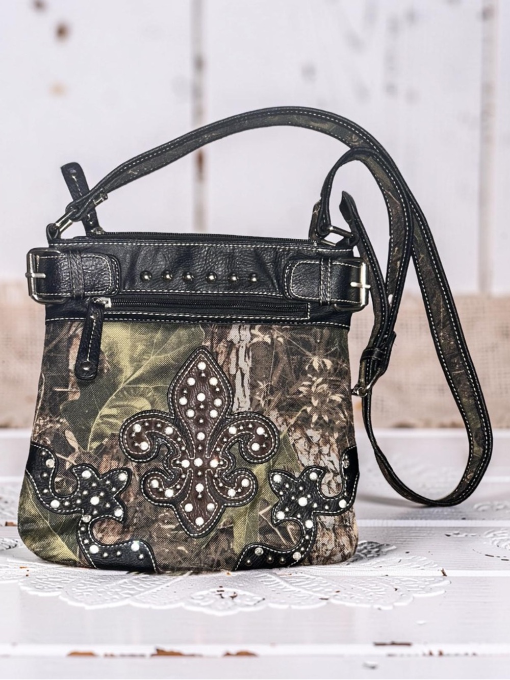 Studded Fleur-de-Lis Camouflage Crossbody Bag Black/Camo